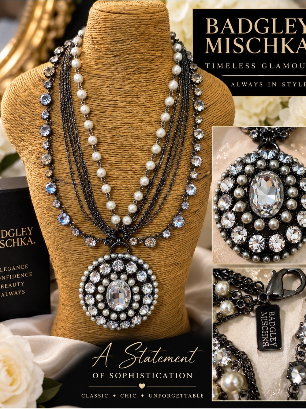 Badgley Mischka Black, White and Silver Multi-Strand Pendant Necklace